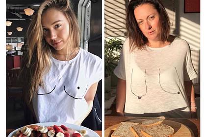 Блогерша рассмешила фанатов пародией на фото модели в футболке с пошлым принтом