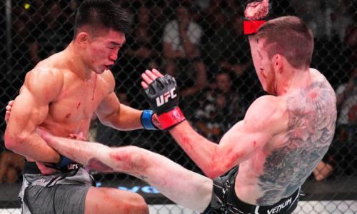 Кровавой остановкой завершился главный бой турнира UFC с участием Казахстана. Видео