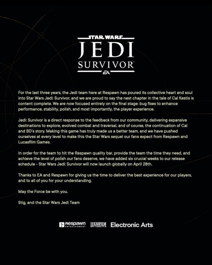 Разработчики Star Wars Jedi: Survivor изменили дату релиза игры