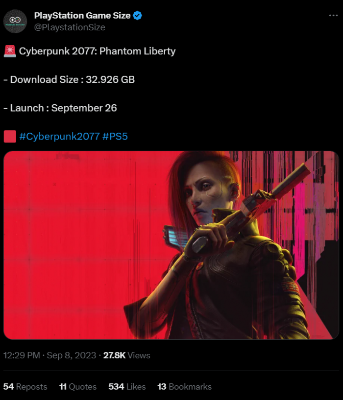 Стал известен размер DLC Cyberpunk 2077 Phantom Liberty на PS5