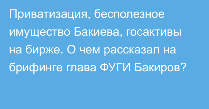 Приватизация, бесполезное имущество Бакиева, госактивы на бирже. О чем рассказал на брифинге глава ФУГИ Бакиров?
