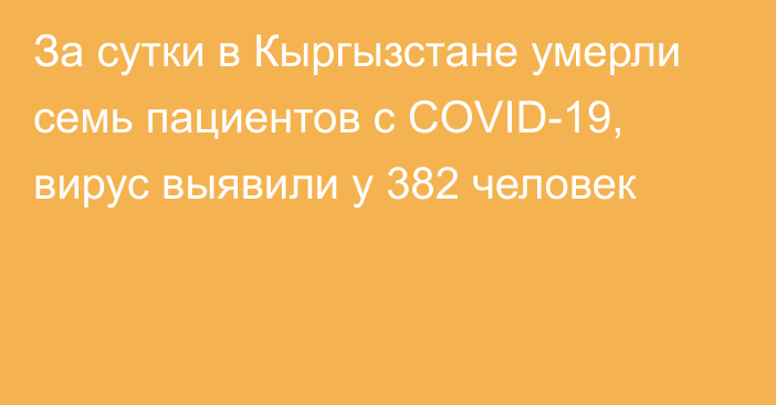 За сутки в Кыргызстане умерли семь пациентов с COVID-19, вирус выявили у 382 человек