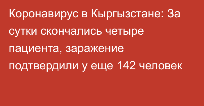 Коронавирус в Кыргызстане: За сутки скончались четыре пациента, заражение подтвердили у еще 142 человек