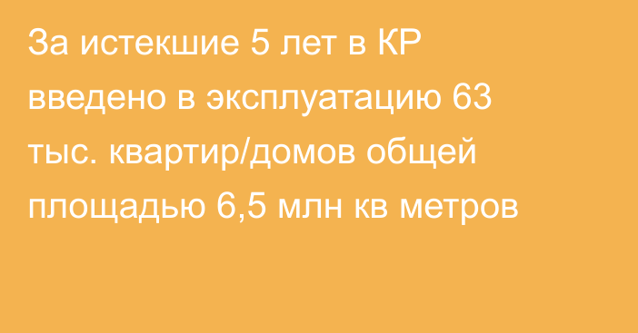 За истекшие 5 лет в КР введено в эксплуатацию 63 тыс. квартир/домов общей площадью 6,5 млн кв метров