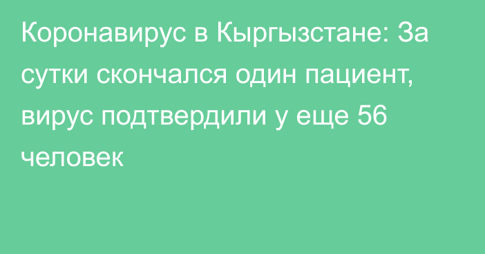 Коронавирус в Кыргызстане: За сутки скончался один пациент, вирус подтвердили у еще 56 человек