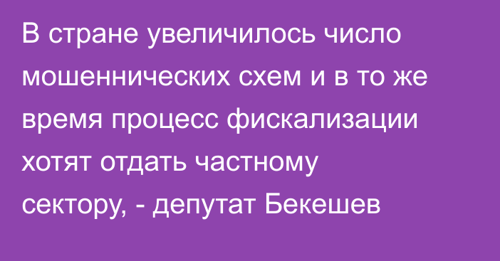 В стране увеличилось число мошеннических схем и в то же время процесс фискализации хотят отдать частному сектору, - депутат Бекешев