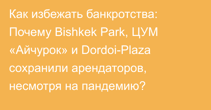 Как избежать банкротства: Почему Bishkek Park, ЦУМ «Айчурок» и Dordoi-Plaza сохранили арендаторов, несмотря на пандемию?