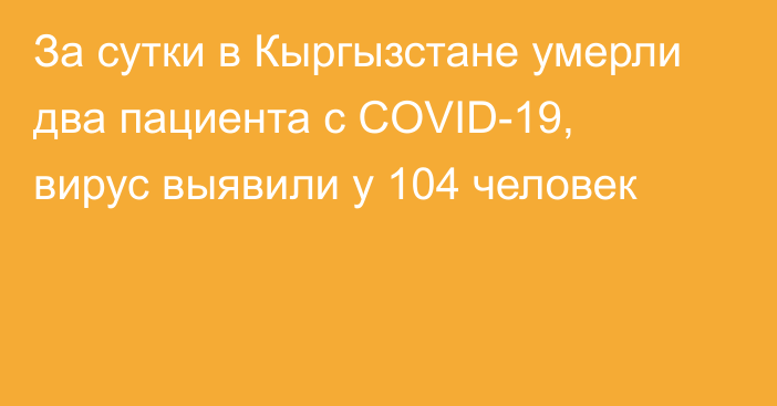 За сутки в Кыргызстане умерли два пациента с COVID-19, вирус выявили у 104 человек