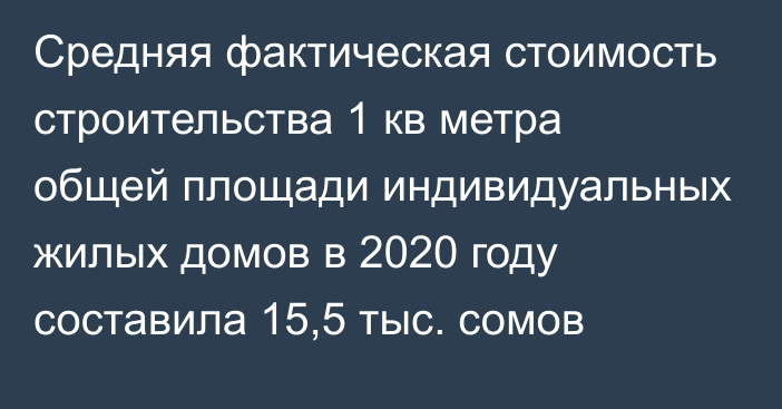 Средняя фактическая стоимость строительства 1 кв метра общей площади индивидуальных жилых домов в 2020 году составила 15,5 тыс. сомов