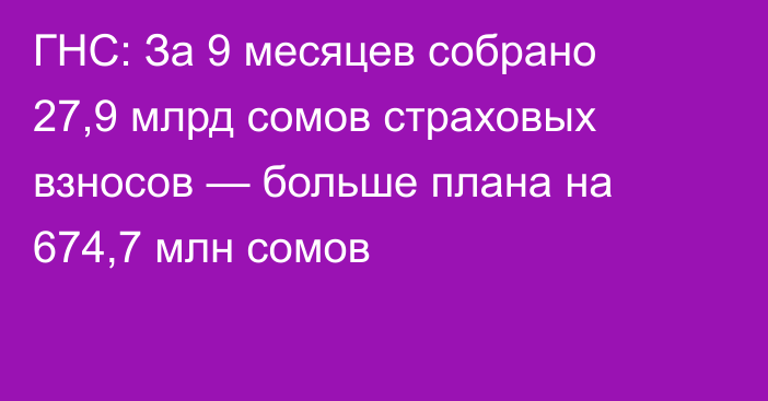 ГНС: За 9 месяцев собрано 27,9 млрд сомов страховых взносов — больше плана на 674,7 млн сомов