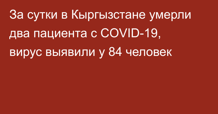 За сутки в Кыргызстане умерли два пациента с COVID-19, вирус выявили у 84 человек