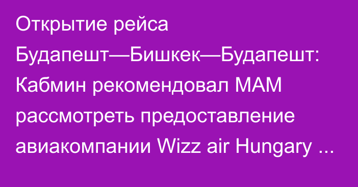 Открытие рейса Будапешт—Бишкек—Будапешт: Кабмин рекомендовал МАМ рассмотреть предоставление авиакомпании Wizz air Hungary Ltd скидки по обслуживанию