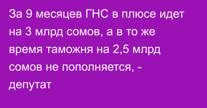 За 9 месяцев ГНС в плюсе идет на 3 млрд сомов, а в то же время таможня на 2,5 млрд сомов не пополняется, - депутат