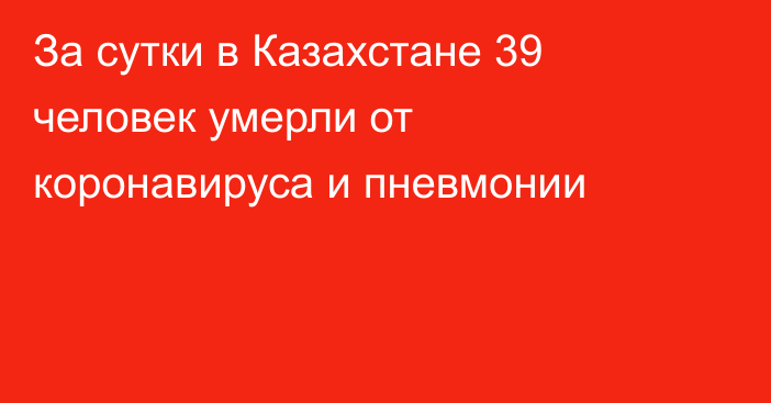 За сутки в Казахстане 39 человек умерли от коронавируса и пневмонии