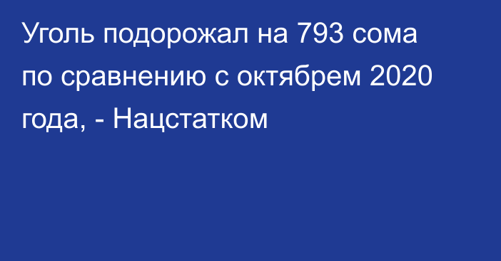 Уголь подорожал на 793 сома по сравнению с октябрем 2020 года, - Нацстатком