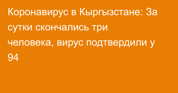 Коронавирус в Кыргызстане: За сутки скончались три человека, вирус подтвердили у 94