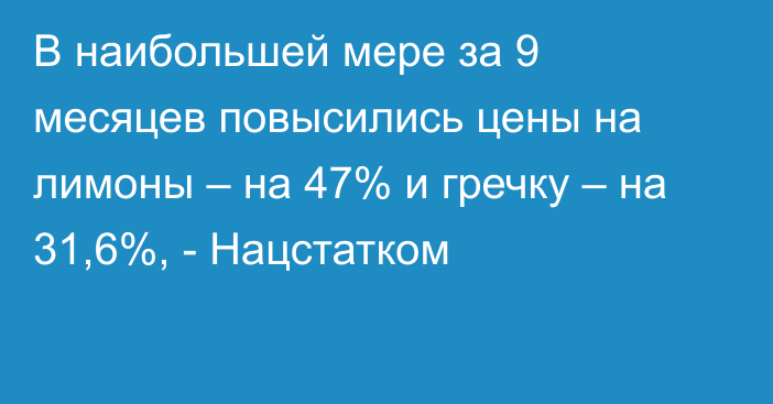 В наибольшей мере за 9 месяцев повысились цены на лимоны – на 47% и гречку – на 31,6%, - Нацстатком