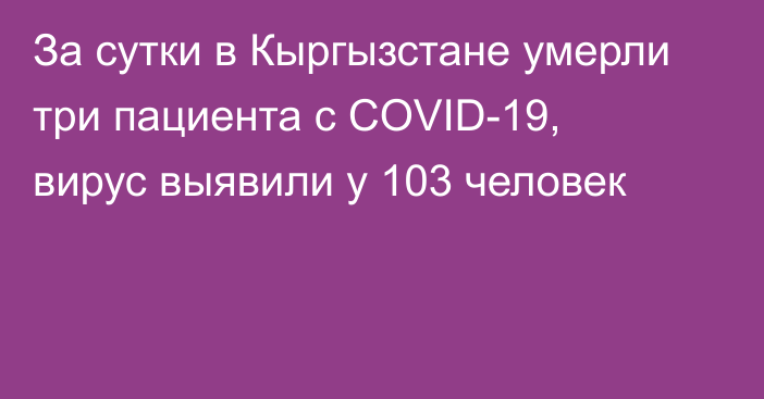 За сутки в Кыргызстане умерли три пациента с COVID-19, вирус выявили у 103 человек