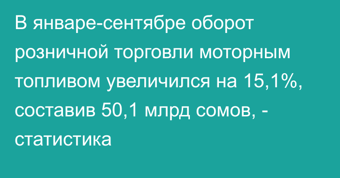 В январе-сентябре оборот розничной торговли моторным топливом увеличился на 15,1%, составив 50,1 млрд сомов, - статистика