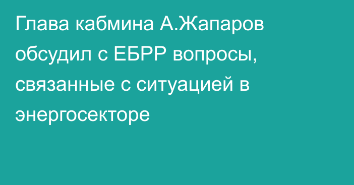 Глава кабмина А.Жапаров обсудил с ЕБРР вопросы, связанные с ситуацией в энергосекторе