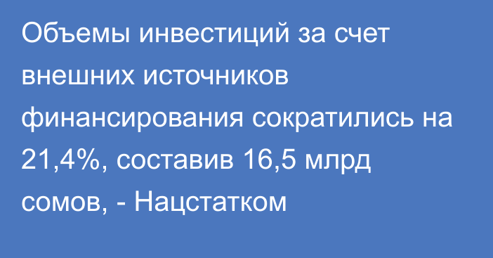 Объемы инвестиций за счет внешних источников финансирования сократились на 21,4%, составив 16,5 млрд сомов, - Нацстатком