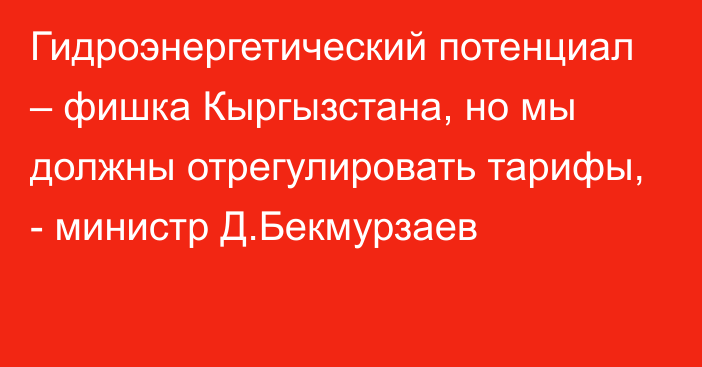 Гидроэнергетический потенциал – фишка Кыргызстана, но мы должны отрегулировать тарифы, - министр Д.Бекмурзаев