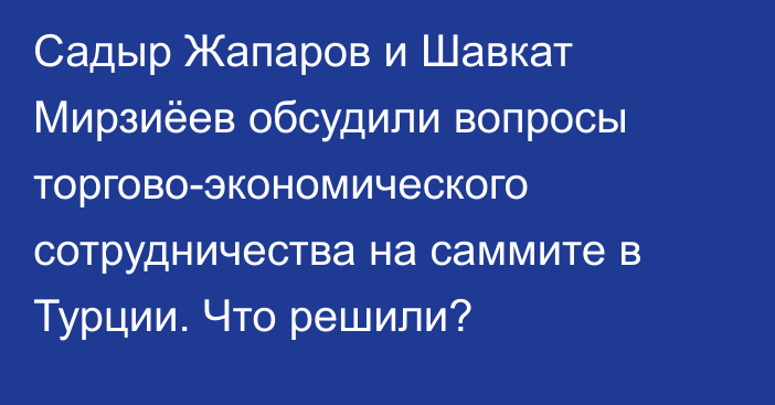 Садыр Жапаров и Шавкат Мирзиёев обсудили вопросы торгово-экономического сотрудничества на саммите в Турции. Что решили?