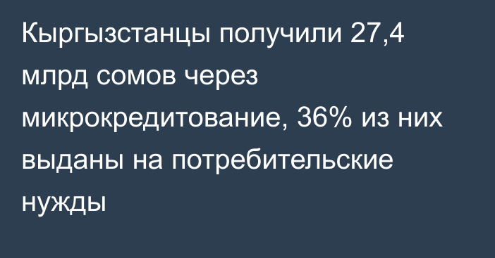 Кыргызстанцы получили 27,4 млрд сомов через микрокредитование, 36% из них выданы на потребительские нужды