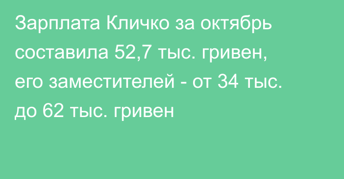 Зарплата Кличко за октябрь составила 52,7 тыс. гривен, его заместителей - от 34 тыс. до 62 тыс. гривен