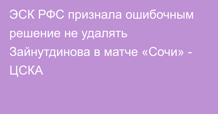 ЭСК РФС признала ошибочным решение не удалять Зайнутдинова в матче «Сочи» - ЦСКА