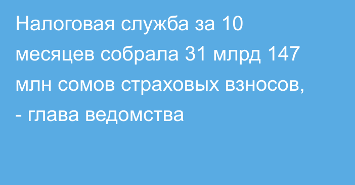 Налоговая служба за 10 месяцев собрала 31 млрд 147 млн сомов страховых взносов, - глава ведомства