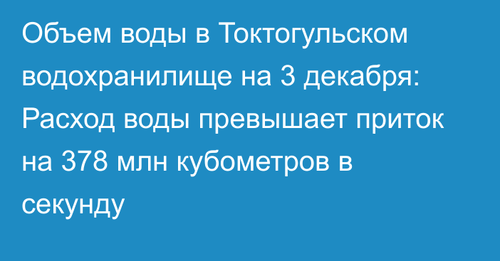 Объем воды в Токтогульском водохранилище на 3 декабря: Расход воды превышает приток на 378 млн кубометров в секунду