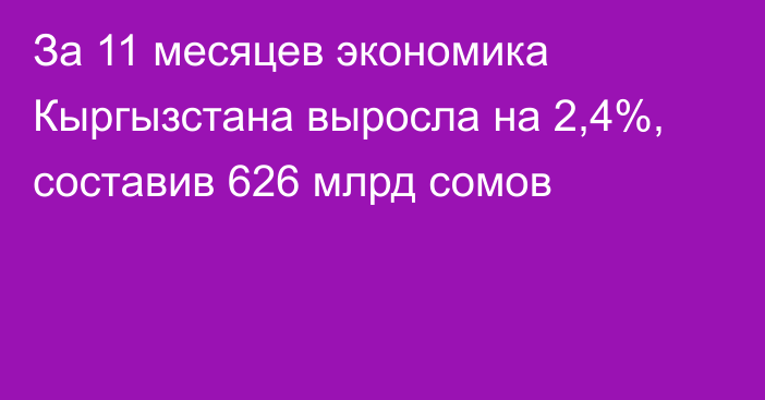 За 11 месяцев экономика Кыргызстана выросла на 2,4%, составив 626 млрд сомов