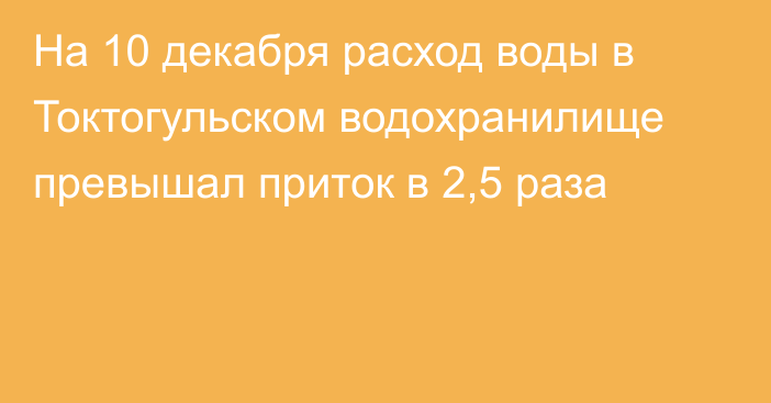 На 10 декабря расход воды в Токтогульском водохранилище превышал приток в 2,5 раза