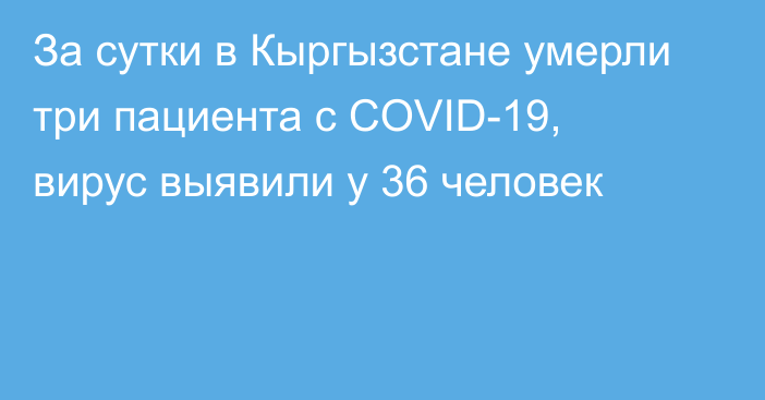 За сутки в Кыргызстане умерли три пациента с COVID-19, вирус выявили у 36 человек