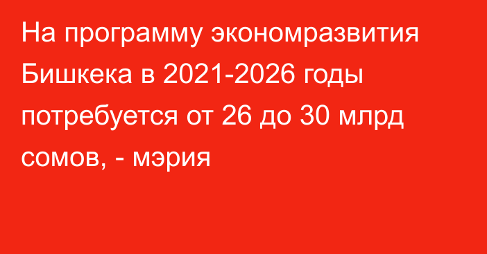 На программу экономразвития Бишкека в 2021-2026 годы потребуется от 26 до 30 млрд сомов, - мэрия