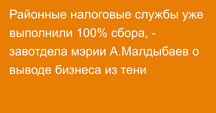 Районные налоговые службы уже выполнили 100% сбора, - завотдела мэрии А.Малдыбаев о выводе бизнеса из тени