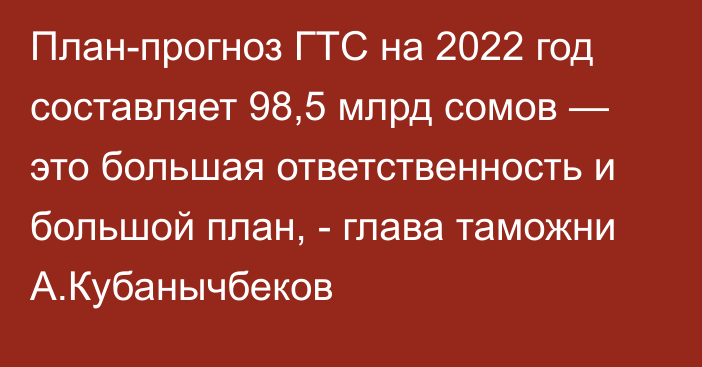 План-прогноз ГТС на 2022 год составляет 98,5 млрд сомов — это большая ответственность и большой план, - глава таможни А.Кубанычбеков
