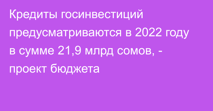 Кредиты госинвестиций предусматриваются в 2022 году в сумме 21,9 млрд сомов, - проект бюджета