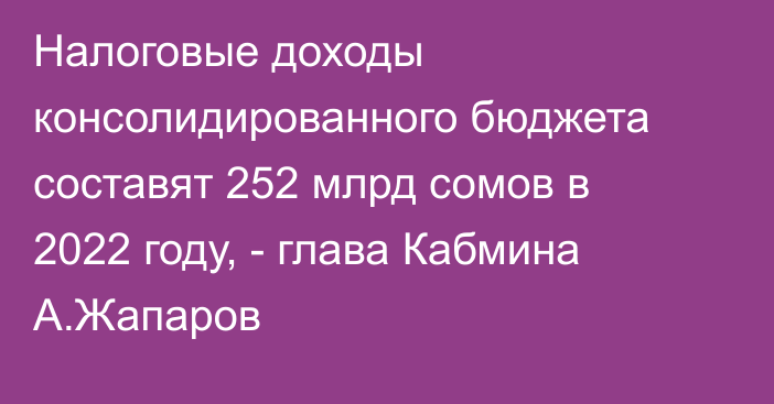 Налоговые доходы консолидированного бюджета составят 252 млрд сомов в 2022 году, - глава Кабмина А.Жапаров