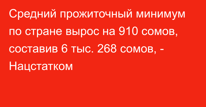 Средний прожиточный минимум по стране вырос на 910 сомов, составив 6 тыс. 268 сомов, - Нацстатком