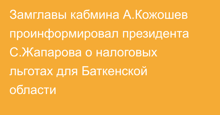 Замглавы кабмина А.Кожошев проинформировал президента С.Жапарова о налоговых льготах для Баткенской области