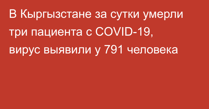 В Кыргызстане за сутки умерли три пациента с COVID-19, вирус выявили у 791 человека