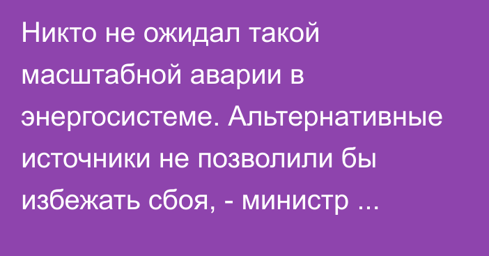 Никто не ожидал такой масштабной аварии в энергосистеме. Альтернативные источники не позволили бы избежать сбоя, - министр Д.Бекмурзаев