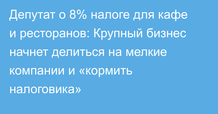 Депутат о 8% налоге для кафе и ресторанов: Крупный бизнес начнет делиться на мелкие компании и «кормить налоговика»