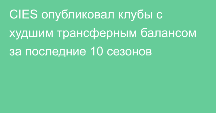 CIES опубликовал клубы с худшим трансферным балансом за последние 10 сезонов