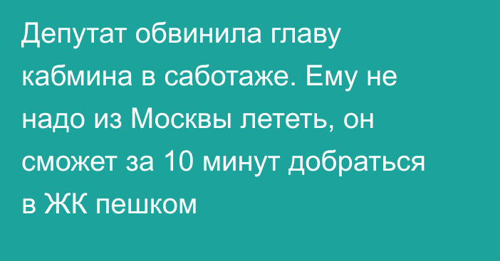 Депутат обвинила главу кабмина в саботаже. Ему не надо из Москвы лететь, он сможет за 10 минут добраться в ЖК пешком