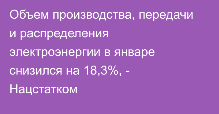 Объем производства, передачи и распределения электроэнергии в январе снизился на 18,3%, - Нацстатком