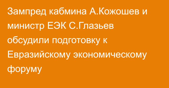 Зампред кабмина А.Кожошев и министр ЕЭК С.Глазьев обсудили подготовку к Евразийскому экономическому форуму