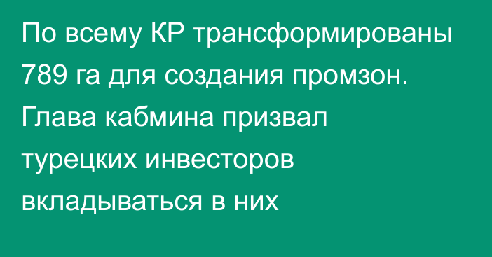 По всему КР трансформированы 789 га для создания промзон. Глава кабмина призвал турецких инвесторов вкладываться в них